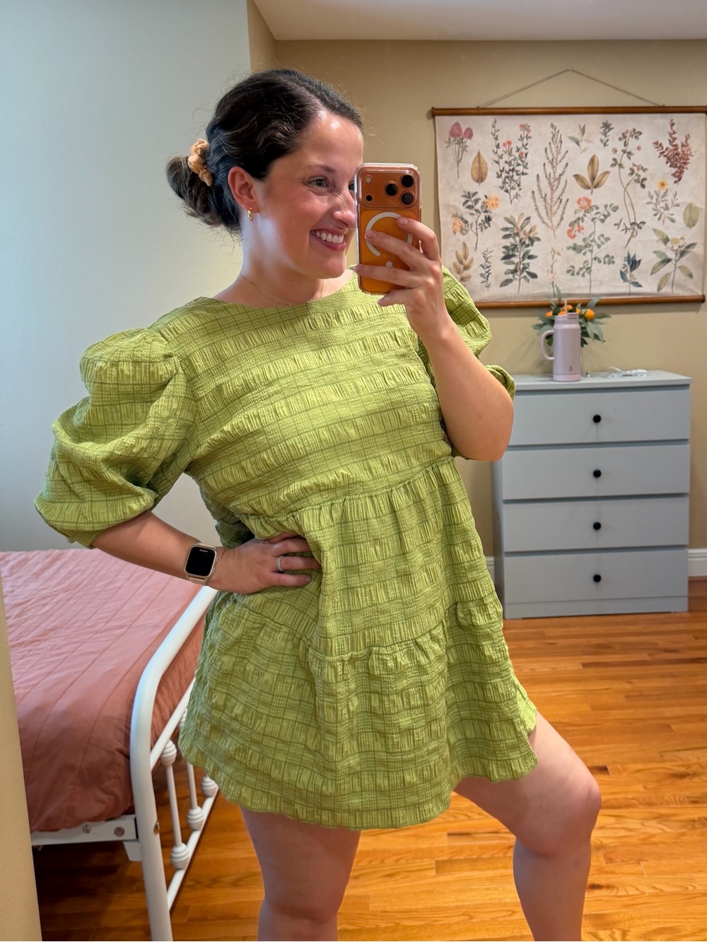 Showpo Olive Green Smocked Mini Dress with Puff Sleeves 10